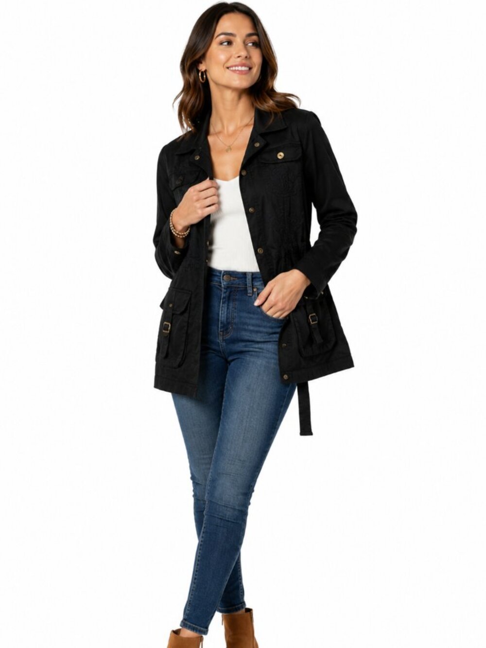 Misomiso Event Black Embroidered Utility Jacket Coat Women's M 100% Cotton